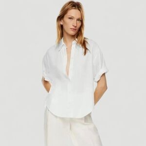 Aritzia Babaton Tencel Button Down Shirt L‎ White Boxy Fit Scrunch Sleeve